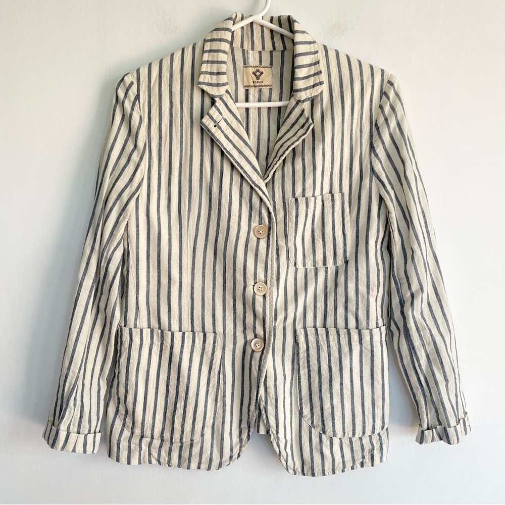 BSBEE Striped Blazer Button Down Jacket 100% Cotton The Real Real Cream Blue XS